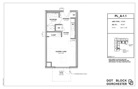 Floor plan for studio, 1 bath, 433 sqft